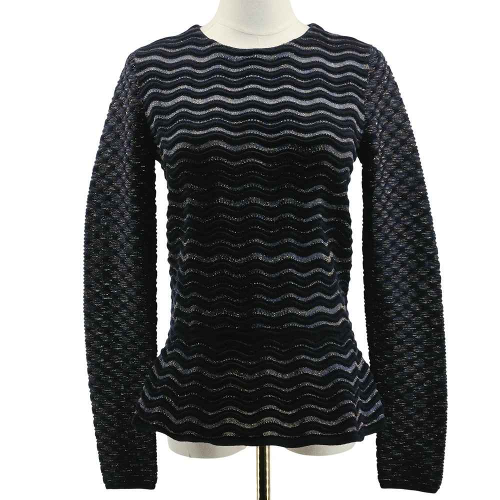 Tory‎ Burch Sweater Womens S Navy Metallic Wave Knit Crewneck Pullover Fitted